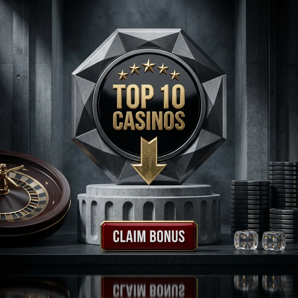Top 10 Casinos promotional graphic with a Claim Bonus button, roulette wheel, chips, and dice.